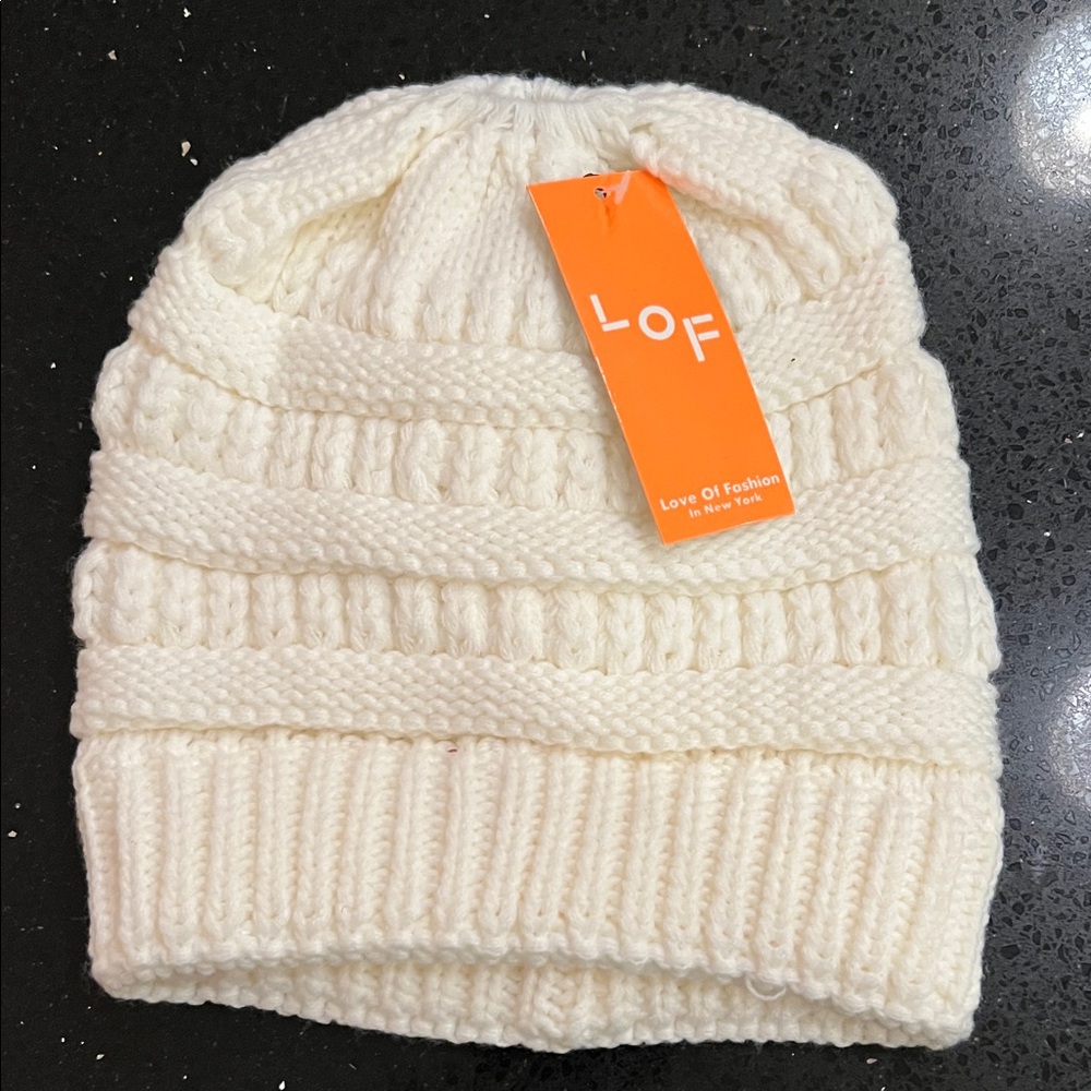 LOF Ivory Knit Hat ( fits ponytail)